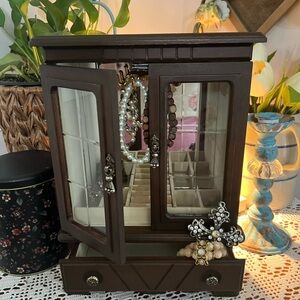 Elegant 80s redone musical  Brown Jewelry Box with Glass Doors